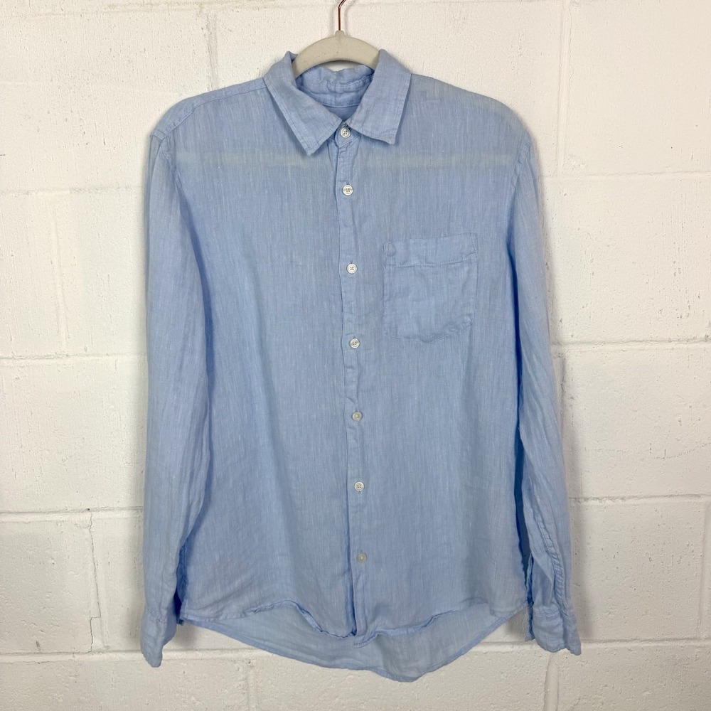 Zara‎ Mens 100% Linen Shirt Blue Button Up Long Sleeve Coastal Beach Preppy SZ S